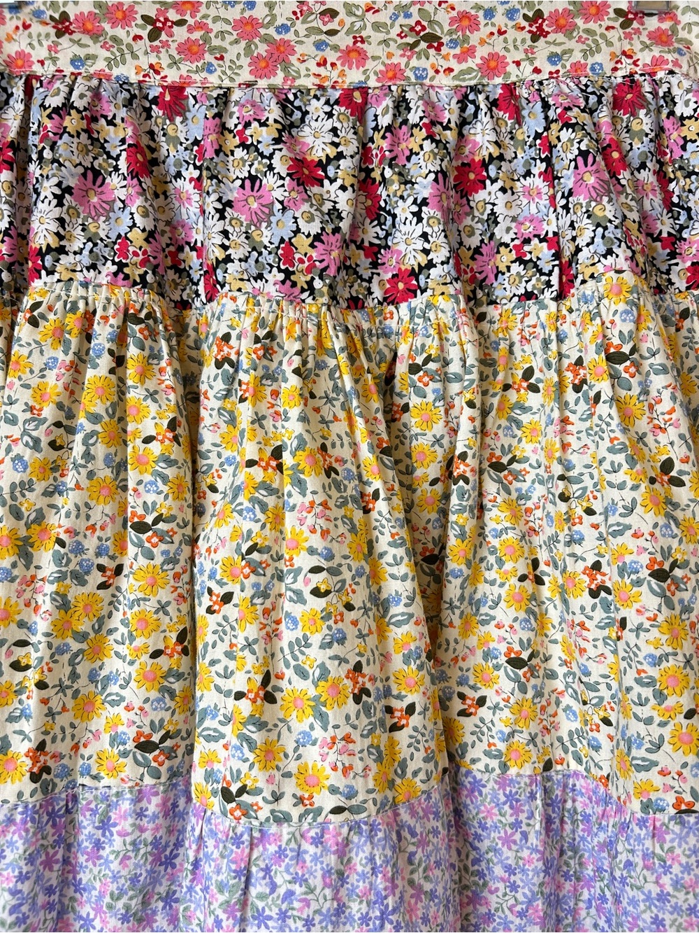 Floral Tiered Coastal Cowgirl Patchwork Prairie Skirt in Yellow, Purple, & Pink - Picture 3 of 7